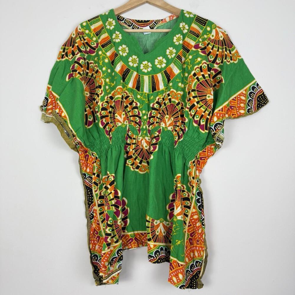 VTG Mama&Papa Green Dashiki Print Kaftan Top 100% Cotton Thailand Boho One Size